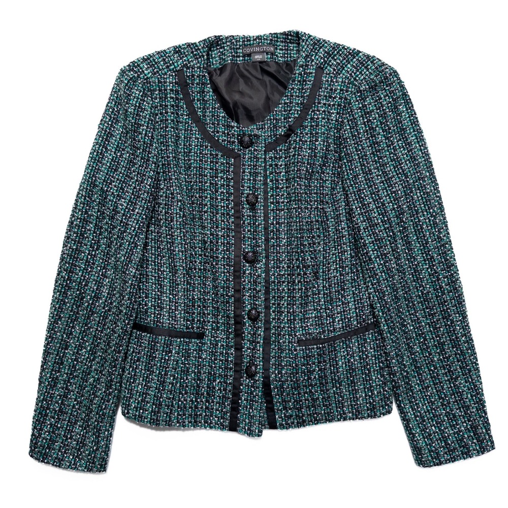 Covington Blazer Womens Large Green Black Tweed Button Up Jacket Ribbons